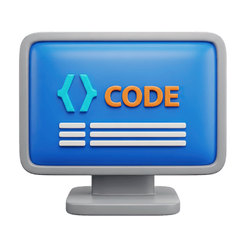 3D rendered icon of a computer monitor displaying the word CODE within curly braces symbolizing programming software development and coding languages png