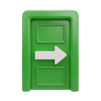 Green exit door 3D icon for escape, logout, or departure. Isolated render for UI navigation, emergency exit signs, process termination. Clear graphic for web apps and safety. png