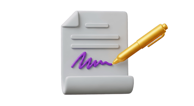 Contract signature pen 3D icon Document page with a golden pen signing symbolizing official agreement legal binding contract or formal approval process png