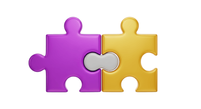 Puzzle connection solution 3D icon Two interlocking puzzle pieces in purple and yellow symbolizing connection teamwork problem solving or solution integration png