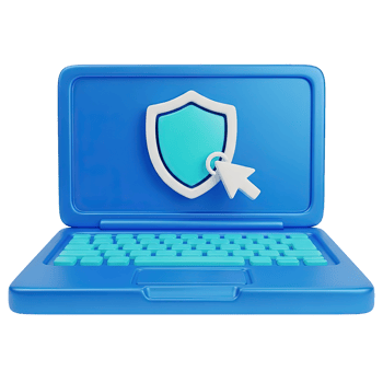 Laptop security protection 3D icon Blue laptop with a shield and checkmark on screen symbolizing cybersecurity antivirus software data safety or secure computing png