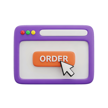 3D rendered icon of a web browser window with an orange order button and cursor for online shopping ecommerce or placing a digital order now png