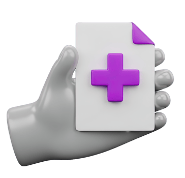 3D rendered icon of a hand holding a document with a purple medical cross signifying health report medical certificate or insurance papers png