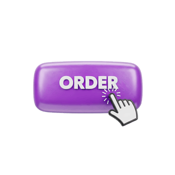 3D rendered icon of a purple order button with a hand cursor for online shopping ecommerce transaction or clicking to purchase an item now png