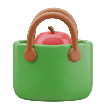 3D rendered icon of a green shopping basket with a red apple symbolizing grocery shopping healthy food organic produce or farmers market purchase png