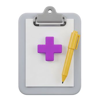 Medical clipboard checklist 3D icon Grey clipboard with a purple plus symbol and yellow pencil representing health record patient form or medical survey document png