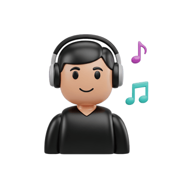 Music listener character 3D icon Stylized male character wearing headphones and listening to music with musical notes floating around enjoying audio experience png