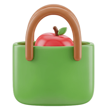 Grocery bag apple 3D icon Green reusable shopping bag with brown handles containing a fresh red apple symbolizing healthy eating groceries or eco friendly shopping png