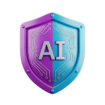 AI shield security 3D icon Blue and purple shield with AI lettering and circuit design symbolizing artificial intelligence cybersecurity data protection technology png