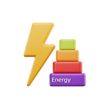Energy level pyramid 3D icon Yellow lightning bolt beside a colorful stacked pyramid labeled Energy representing power measurement energy efficiency rating or capacity display png