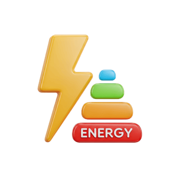 Energy level indicator 3D icon Yellow lightning bolt next to a stacked pyramid of colorful blocks labeled ENERGY symbolizing power levels capacity or energy status png