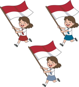 Schoolgirls Celebrating Indonesian Independence Day with Flags vector