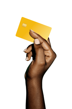 beautiful Black afican female Hand holding blank yellow atm credit card tempplate with isolated over transparent background png
