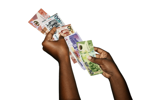Black african hands holding various Ghanaian cedi notes overlapping each other in a line over transparent background. closeup of Hands holding Ghana paper currencies png