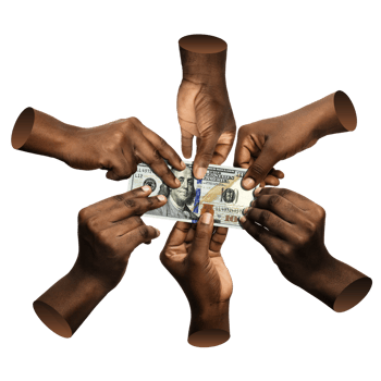 Black African hands reaching touching holding single 100 US dollar notes money over white background. Stretching arms for cash teamwork togethetness fighting war competing challenging struggling png