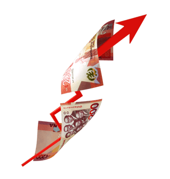 Ghanaian cedi depreciation concept. Business loss sign icon symbol with Bank paper note moving around isolated on transparent background. 3d illustration png