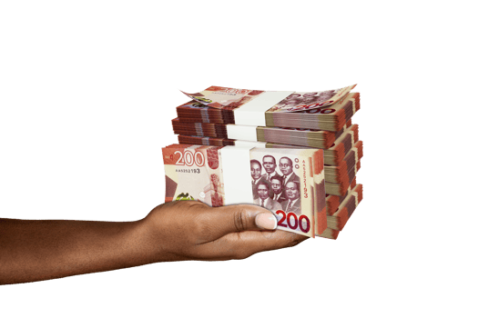 Hand Holding 3D rendering of stacks of 200 Ghanaian cedi notes isolated on transparent background png
