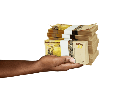 Hand Holding 3D rendering of stacks of Ugandan shilling notes isolated on transparent background png