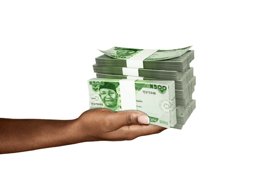 Hand Holding 3D rendering of stacks of 500 Nigerian Naira notes isolated on transparent background png