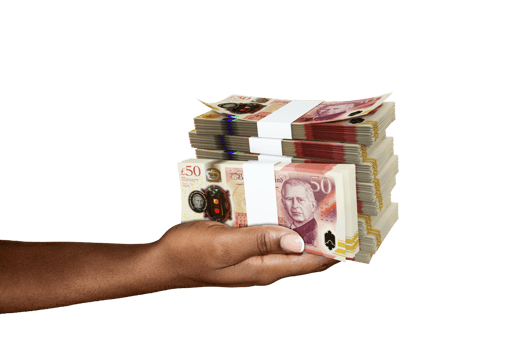 Hand Holding 3D rendering of stacks of 50 British pound notes isolated on transparent background png