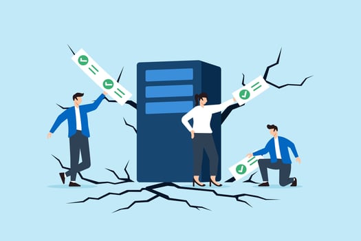 Flat illustration of three people sealing cracks around server with checklist tape to prevent data leaks and cyber threats vector