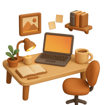 Cozy 3D Workspace Design with Laptop, Books, and Stationery Items png