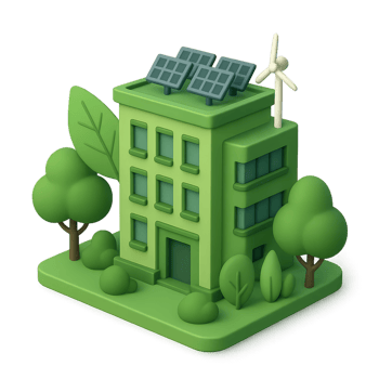 Simple 3D Green Building with Solar Panels and Wind Turbine Design png