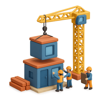 3D Modular Construction Scene with Workers and Crane Equipment png