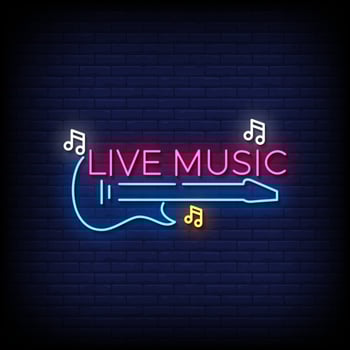 live music neon sign brick wall background vector