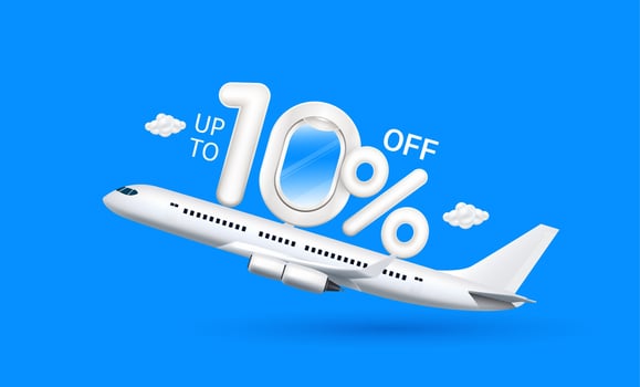 Promotion up to 10 off flight booking. Number one airplane window and percent symbol floats on plane. For design tourism ads media. Air travel concept. 3D illustration. vector