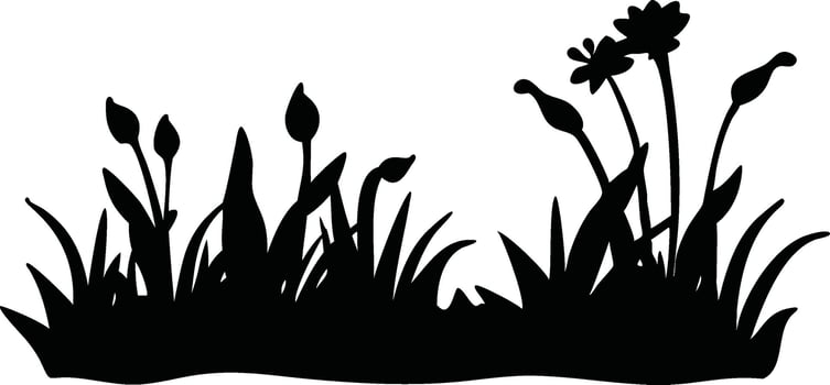 Silhouette of a garden with various plants and flowers, showcasing a beautiful arrangement of botanical shapes in a monochrome style illustration vector