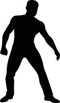 Silhouette of a muscular man in a dynamic pose, suggesting action or dance, with arms and legs spread wide illustration vector