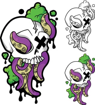a skull with tentacles and a green and purple color scheme vector