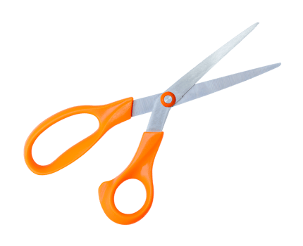 Top view of a pair of multipurpose scissors with orange handle isolated with clipping path in file format png