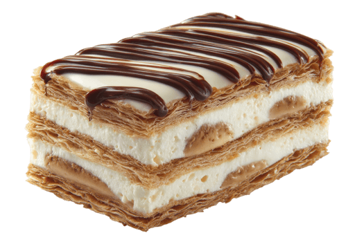 Close up of a delicious looking mille feuille pastry with chocolate drizzle on a transparent background png
