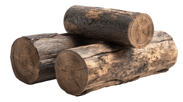 Pile of three logs with visible tree rings and bark texture on a transparent background png