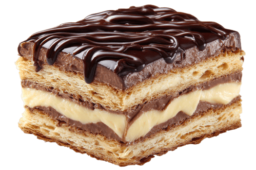 Close up of a chocolate cream cake with layers of puff pastry and chocolate ganache topping dessert png