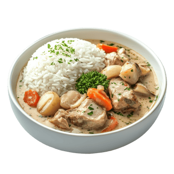 Savor delicious blanquette veal with tender white rice in a comforting dish, Delicious Blanquette veal with white rice on Transparent background png