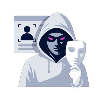 The scammer is holding a mask. Identity theft through digital impersonation and stolen profiles. Cybercriminal hides behind fake mask to exploit user information. Online fraud targets personal data vector
