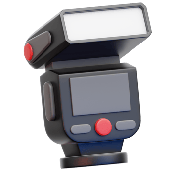 3D Photography Flash Equipment, A detailed image of a camera flash unit, commonly used in photography, featuring a sleek design with a screen and buttons png