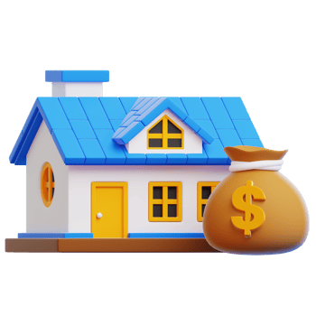 A simplified 3D-rendered illustration of a house next to a bag of money, representing the concept of homeownership and financial investment. png