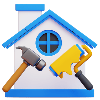 An eye-level, artistic rendering showcases home renovation and home improvement with a hammer and paint roller set against a simplified house. png