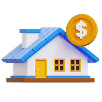 A stylized 3D rendering depicts a charming residential home beside a large golden coin symbolizing homeownership and investment in a simplified yet detailed way. png