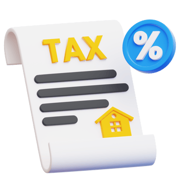 A 3D-rendered image of a tax bill with a house icon and percentage symbol, illustrating concepts of property tax and financial obligations. png