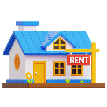 An inviting cartoon style house showcases a RENT sign, inviting prospective tenants to find their next dwelling. This property scene radiates warmth and potential. png