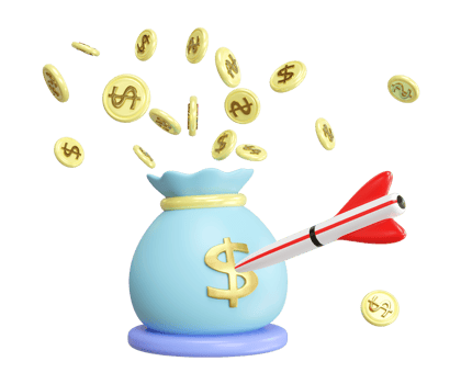 3d money bags with darts or arrow, exploding dollar coins isolated. Business finance goals and achievements concept, 3d render illustration png