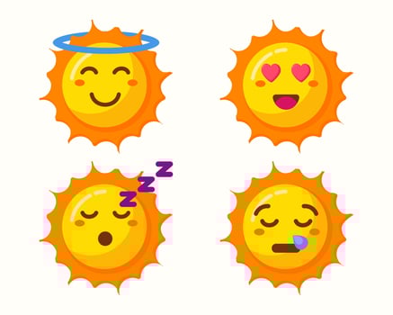 Sun cartoon with different expressions isolated collection vector