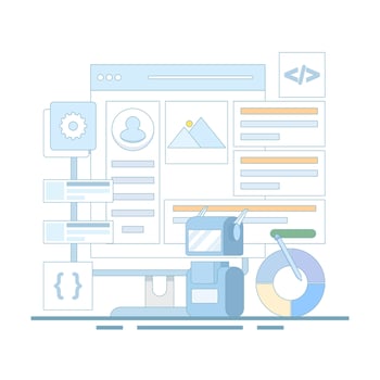 illustration of artificial intelligence building a website without code, website design and web development with artificial intelligence technology, AI website builder. flat illustration. vector