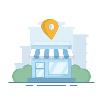 Store Location Concept. Mobile navigation, gps navigator, route to store. Store listed on map. Local marketing, business store on search engine map. Flat cartoon design illustration on background. vector