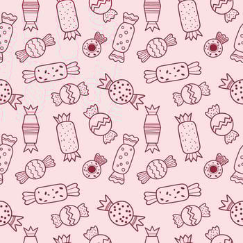 Candy seamless pattern. Repeating pink background with different candies, sweets, chocolate treats. Design for October 18 is World Candy Day. Food illustration for flyer, card, wrapping, paper vector